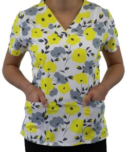 Maevn Uniforms Women's Curved V-Neck Sunshine Blossoms Print Top -Silverts-shop 2 mv 1767 print 650 5
