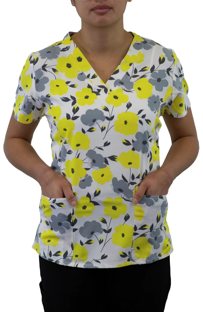 Maevn Uniforms Women's Curved V-Neck Sunshine Blossoms Print Top - Image 2
