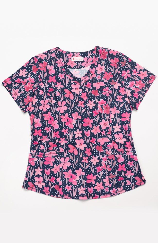 Women's Round V-Neck Spring In My Step Print Scrub Top White Cross Women's Round V-Neck Spring In My Step Print Scrub Top -Silverts-shop 2 wc 782 print 650