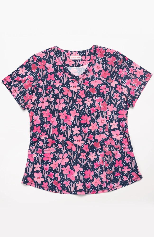 White Cross Women's Round V-Neck Spring In My Step Print Scrub Top - Image 2