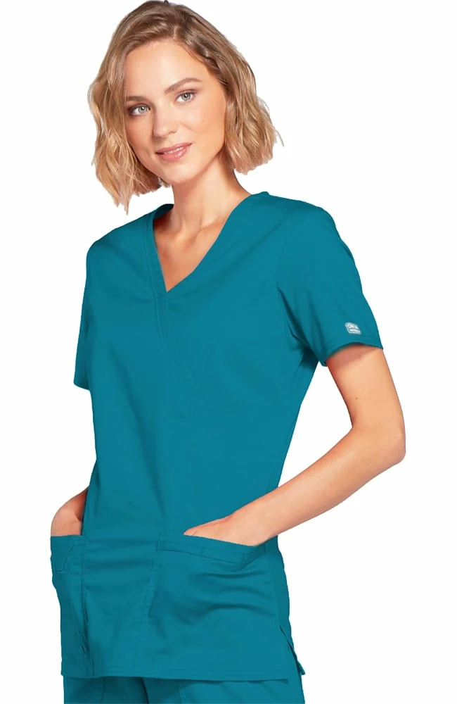 Cherokee Workwear Clearance Women's Mock Wrap Princess Seam Solid Scrub Top - Image 3