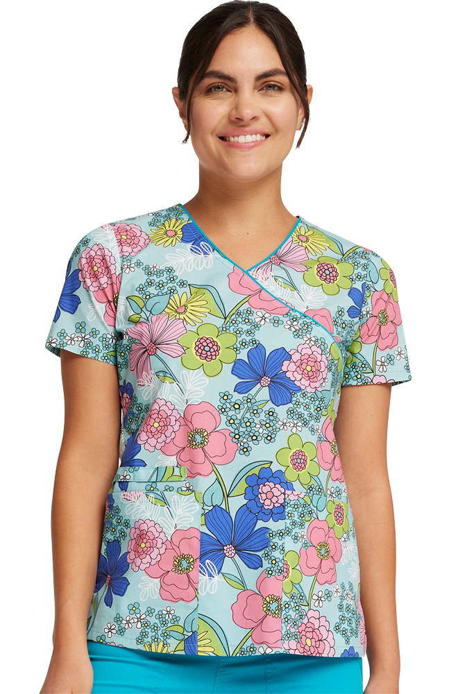 Women's Mock Wrap Retro Buds Print Scrub Top Cherokee Women's Mock Wrap Retro Buds Print Scrub Top -Silverts-shop 3 ck ck614 print 650