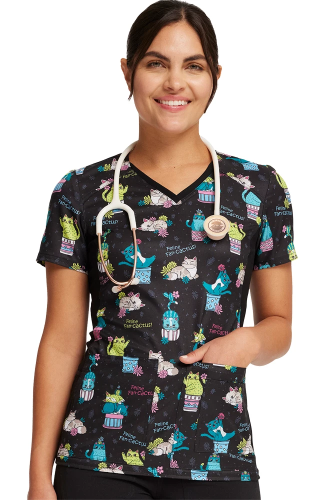 Cherokee Women's Knit Panel Feline Fan-cactus Print Scrub Top - Image 3