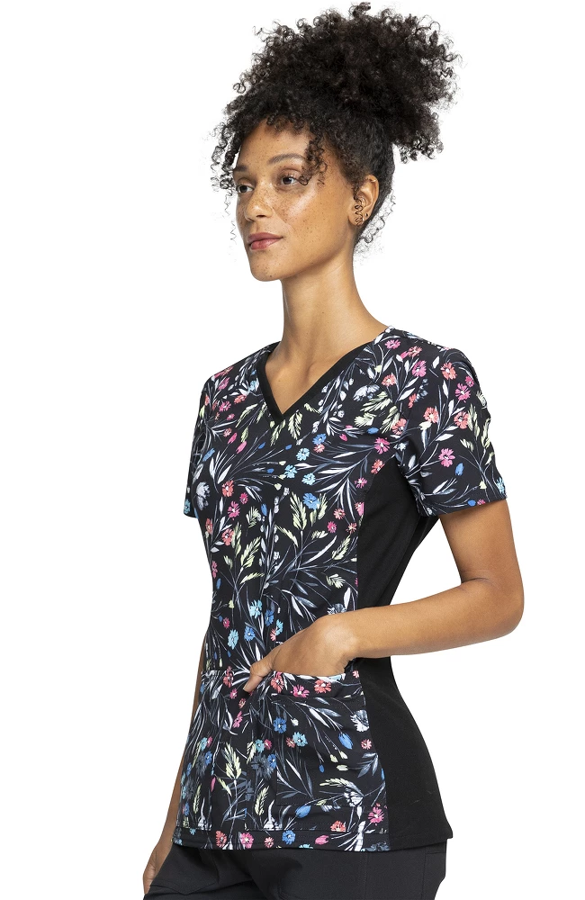 Cherokee Clearance Women's Knit Panel Breezy Buds Print Scrub Top - Image 3