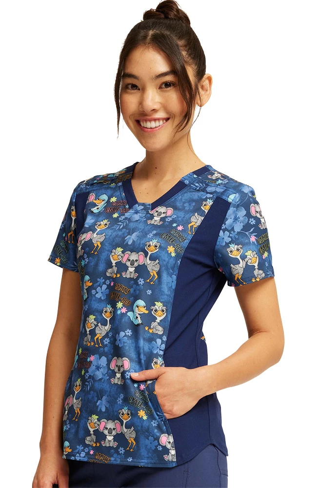 Cherokee Women's V-Neck Knit Panel Easily Emu-sed Print Scrub Top - Image 3