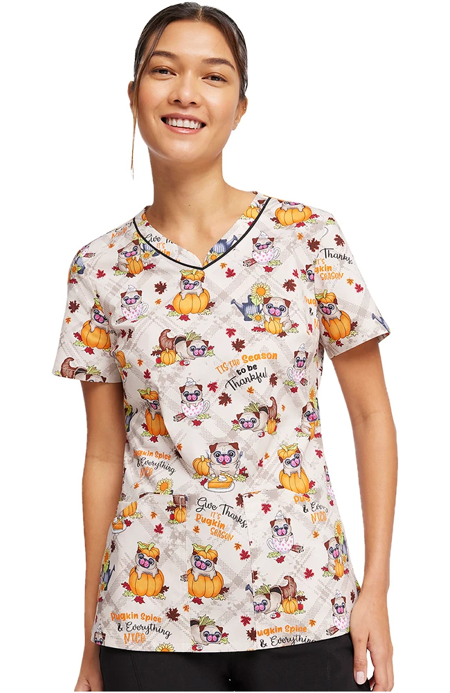 Cherokee Women's Pugkin Spice Season Print Scrub Top - Image 3