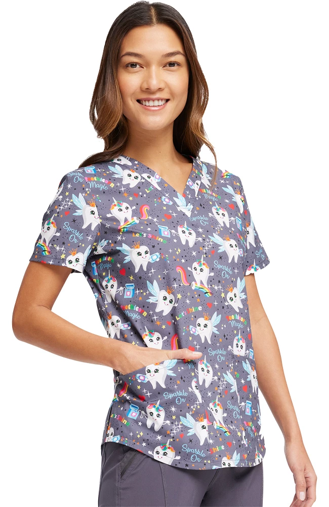 Cherokee Women's Toothicorn Magic Print Scrub Top - Image 3