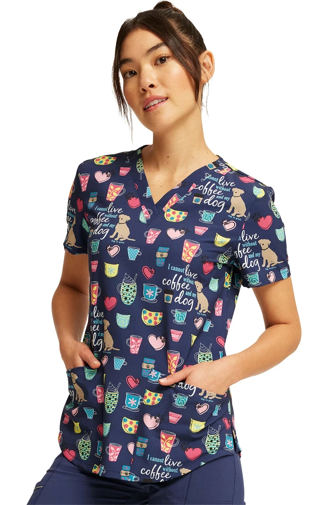 Cherokee Women's Coffee And My Dog Print Scrub Top - Image 3