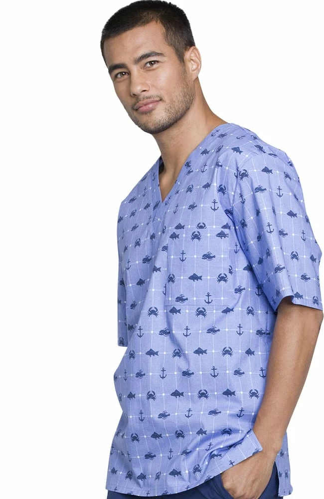 Cherokee Clearance Men's V-Neck Nautical Print Scrub Top - Image 3