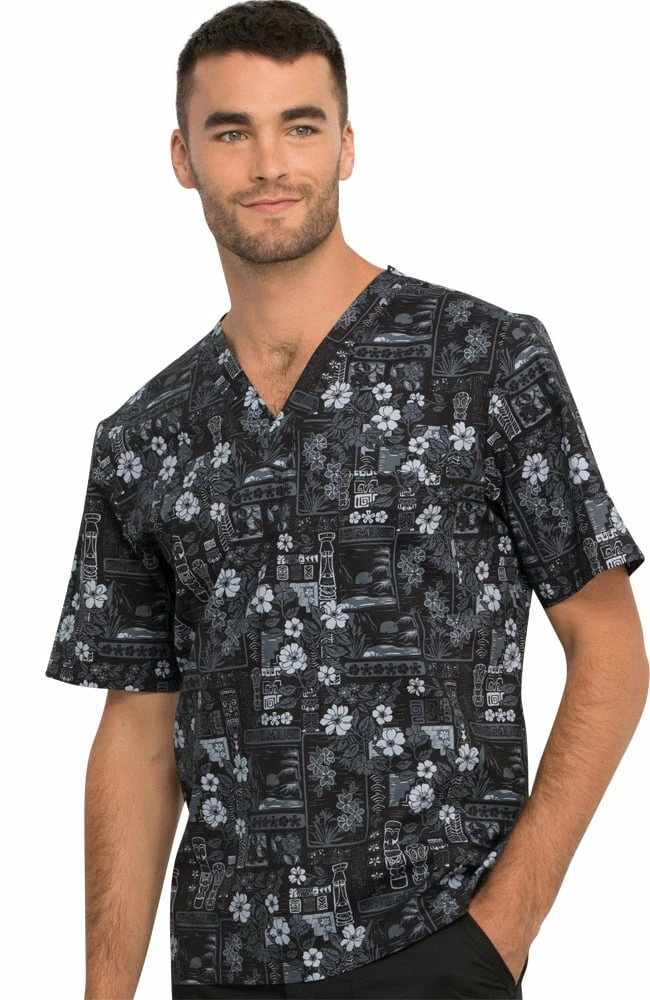 Cherokee Clearance Men's Its Tiki Time Print Scrub Top - Image 3