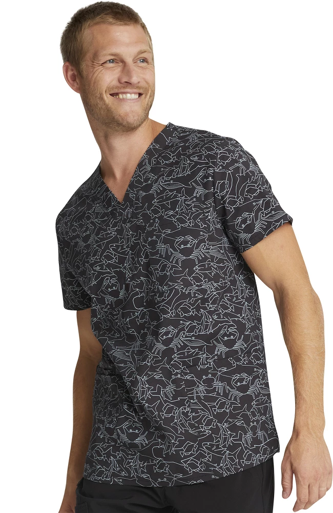 Cherokee Clearance Men's Sea Sketch Print Scrub Top - Image 3