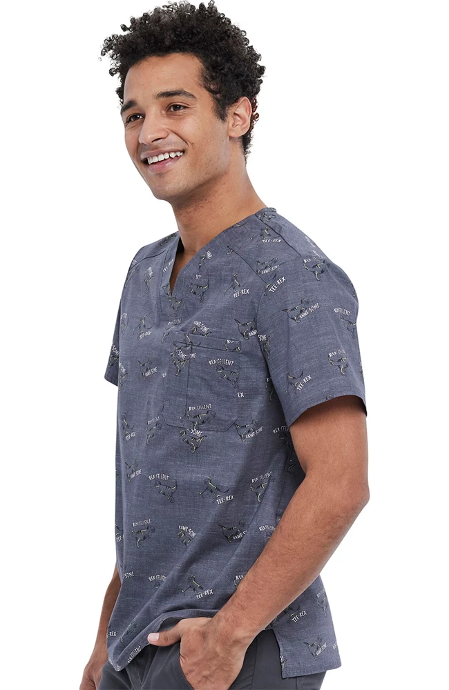 Cherokee Clearance Men's Rawrsome Print Scrub Top - Image 3