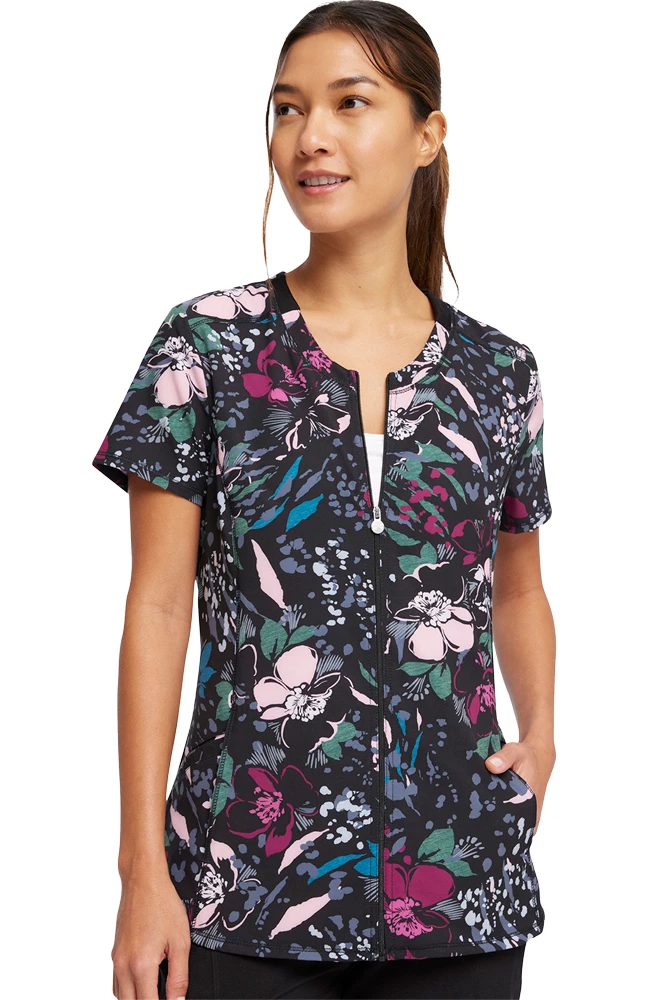 Cherokee Women's Zip-Front Wild Fleur You Print Scrub Top - Image 3