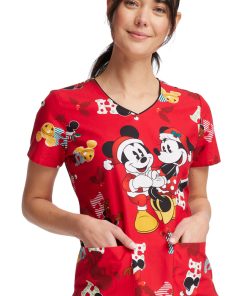 Cherokee Women's Mickey Holiday Cheer Print Scrub Top -Silverts-shop 3 ck tf614 print 650 3