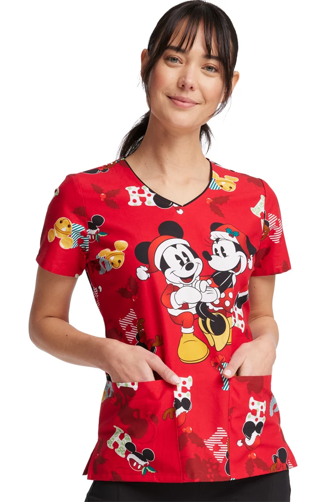 Cherokee Women's Mickey Holiday Cheer Print Scrub Top - Image 3