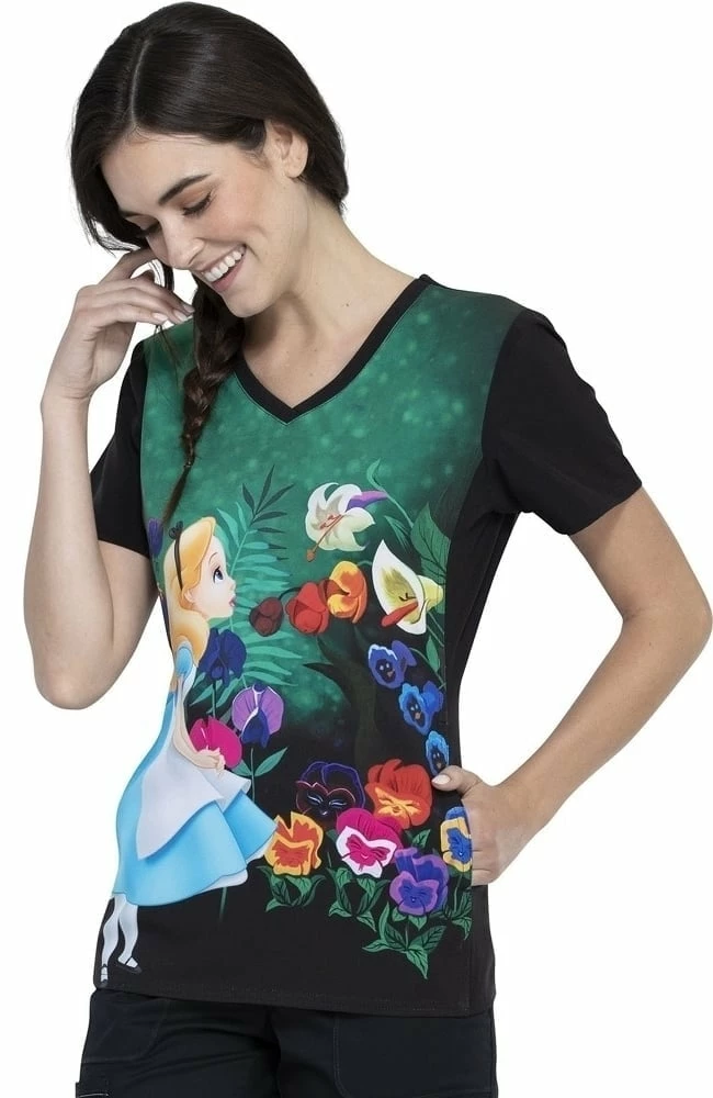 Cherokee Clearance Women's Wonderland Alice Print Scrub Top - Image 3
