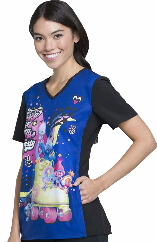 Cherokee Clearance Women's V-Neck Knit Panel Trolls Print Scrub Top - Image 3