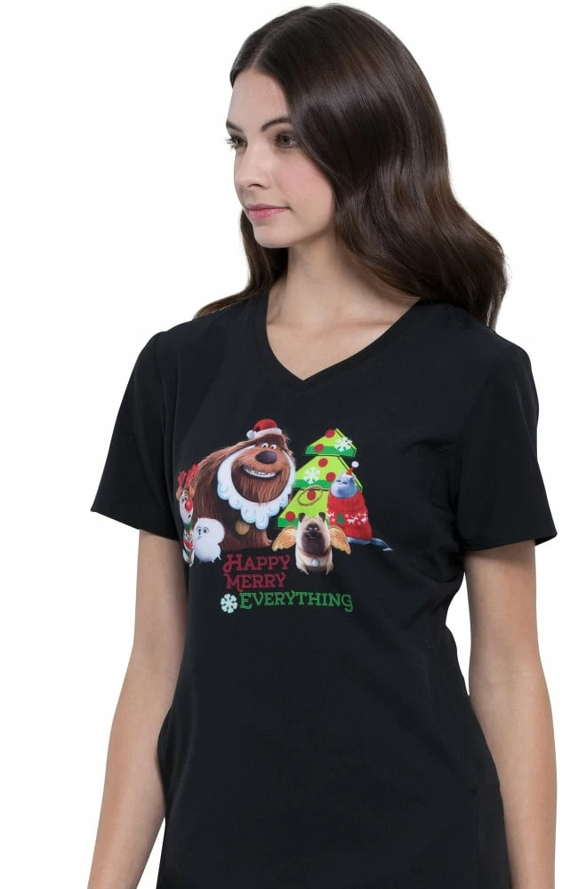 Cherokee Clearance Women's V-Neck Holly Jolly Pets Print Scrub Top - Image 3