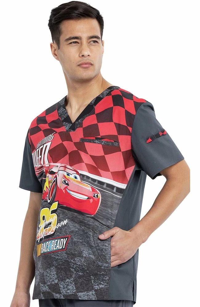 Cherokee Clearance Men's Lightning Mcqueen Print Scrub Top - Image 3