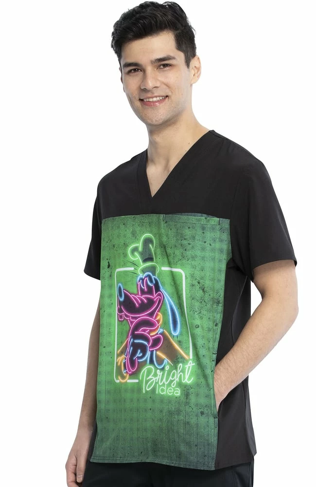 Cherokee Clearance Men's Goofy Neon Print Scrub Top - Image 3