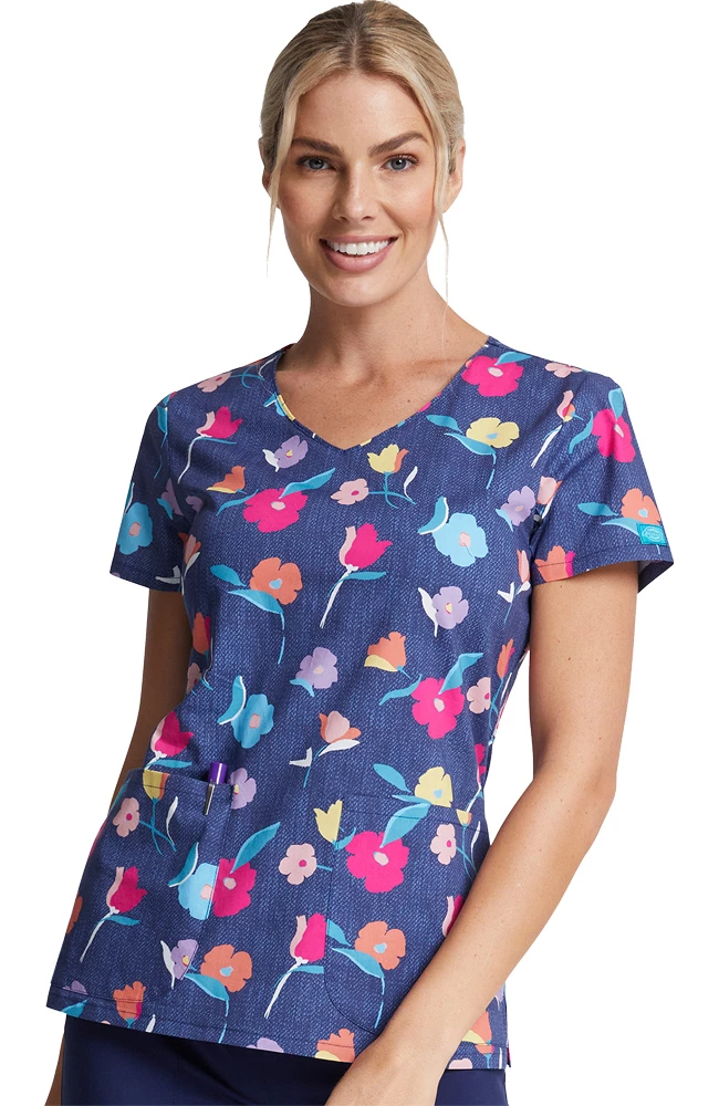 Dickies Clearance Women's Denim Garden Print Scrub Top - Image 3