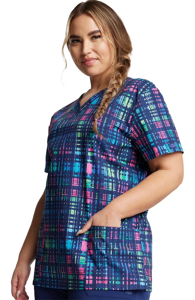 Dickies Women's V-Neck Glowing Plaid Print Scrub Top - Image 3