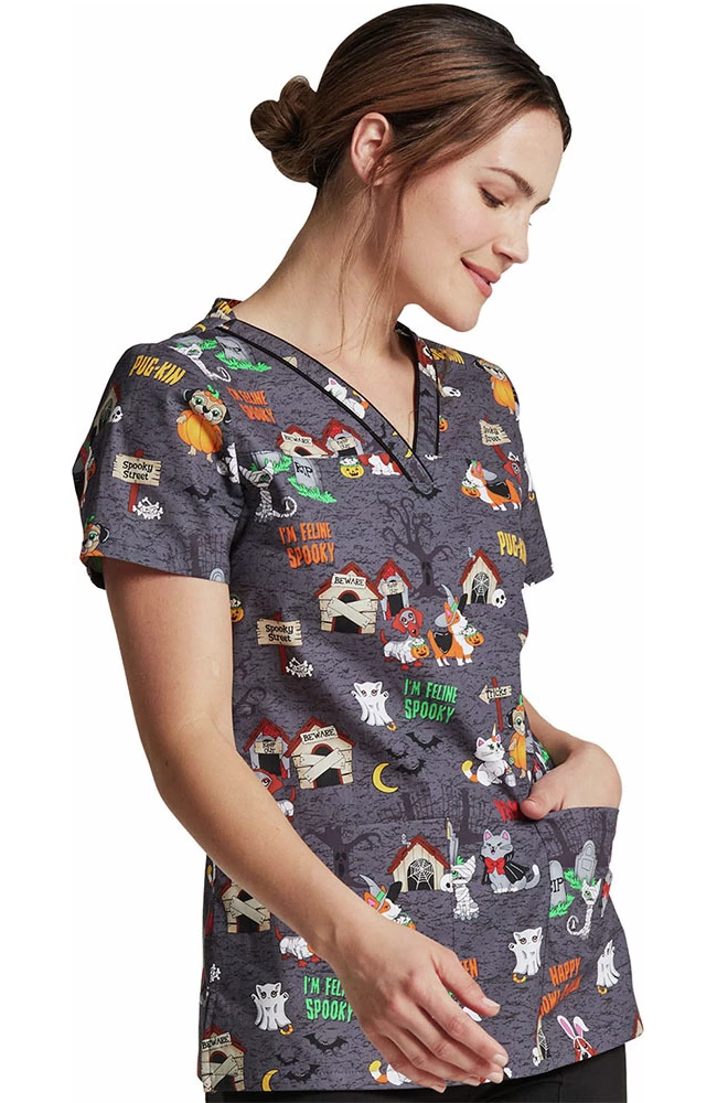 Dickies Clearance Women's Howl-Oween Friends Print Scrub Top - Image 3