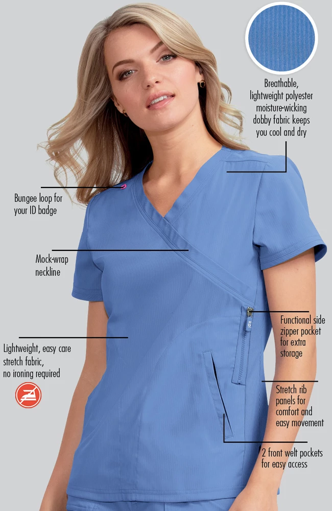 Koi Clearance Women's Philosophy Mock Wrap Side Zipper Solid Scrub Top - Image 3