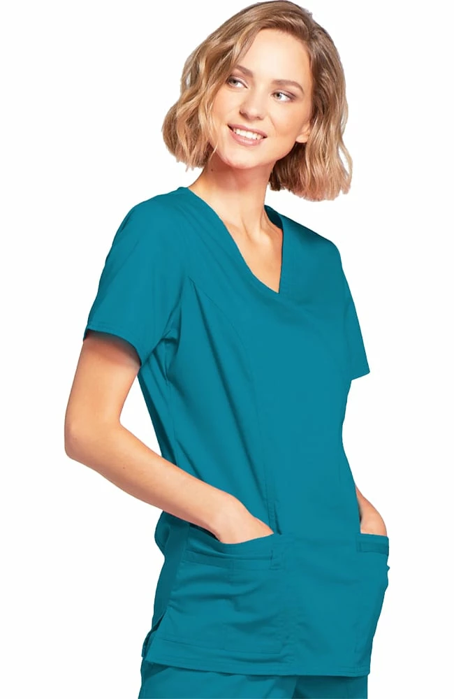 Cherokee Workwear Clearance Women's Mock Wrap Princess Seam Solid Scrub Top - Image 4