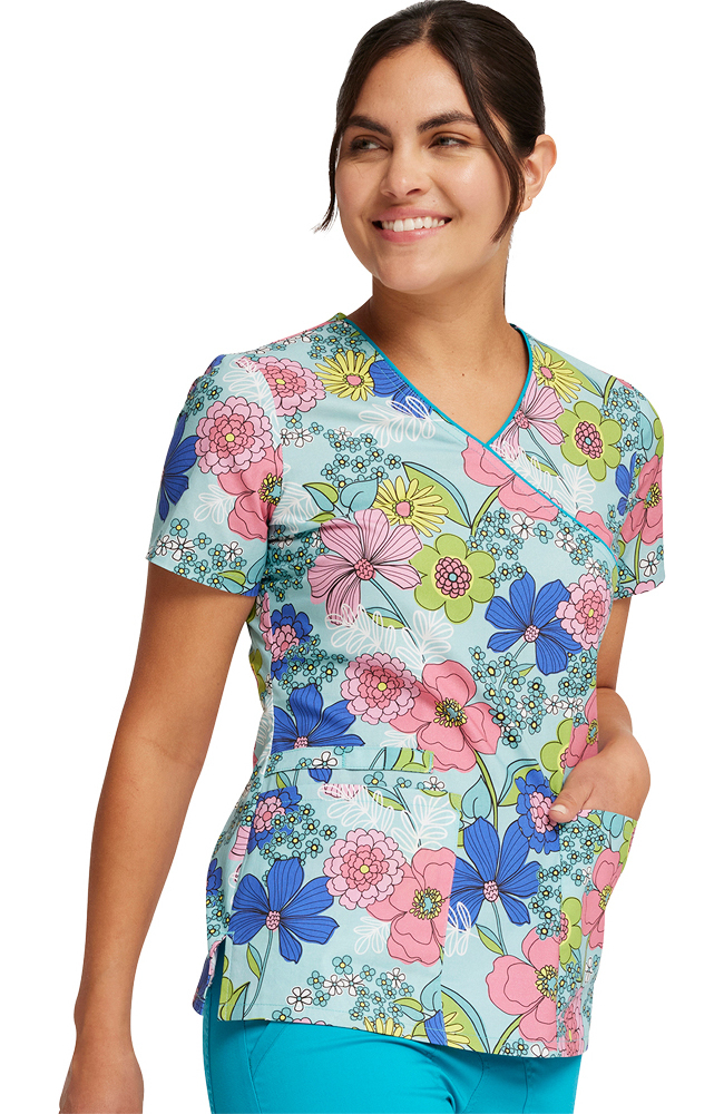 Women's Mock Wrap Retro Buds Print Scrub Top Cherokee Women's Mock Wrap Retro Buds Print Scrub Top -Silverts-shop 4 ck ck614 print 650