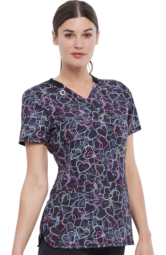 Cherokee Clearance Women's Marbled Hearts Print Scrub Top - Image 4