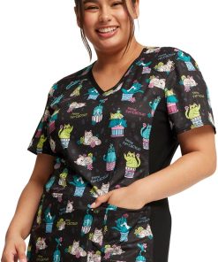 Cherokee Women's Knit Panel Feline Fan-cactus Print Scrub Top -Silverts-shop 4 ck ck636 print 650
