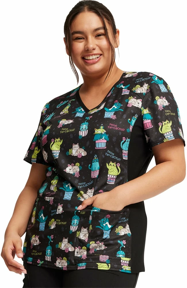 Cherokee Women's Knit Panel Feline Fan-cactus Print Scrub Top - Image 4