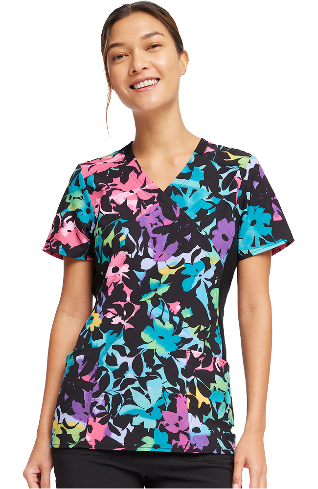 Women's Mock Wrap Rainbow Fleurs Print Scrub Top Cherokee Women's Mock Wrap Rainbow Fleurs Print Scrub Top -Silverts-shop 4 ck ck642 print 650