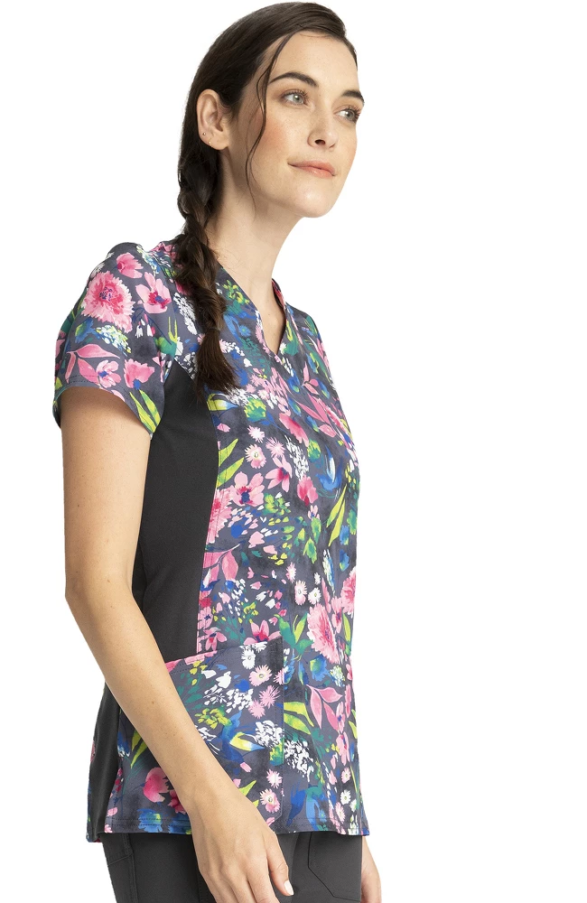 Cherokee Clearance Women's Mock Wrap Watercolor Petals Print Scrub Top - Image 4