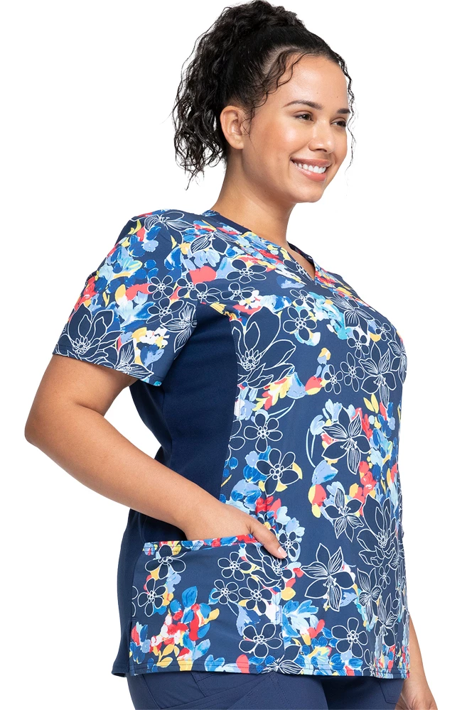 Cherokee Clearance Women's Mock Wrap Fleur Frenzy Print Scrub Top - Image 4