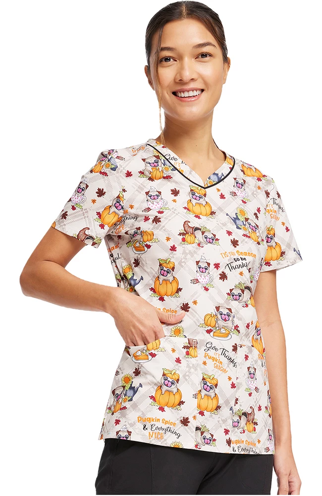 Cherokee Women's Pugkin Spice Season Print Scrub Top - Image 4