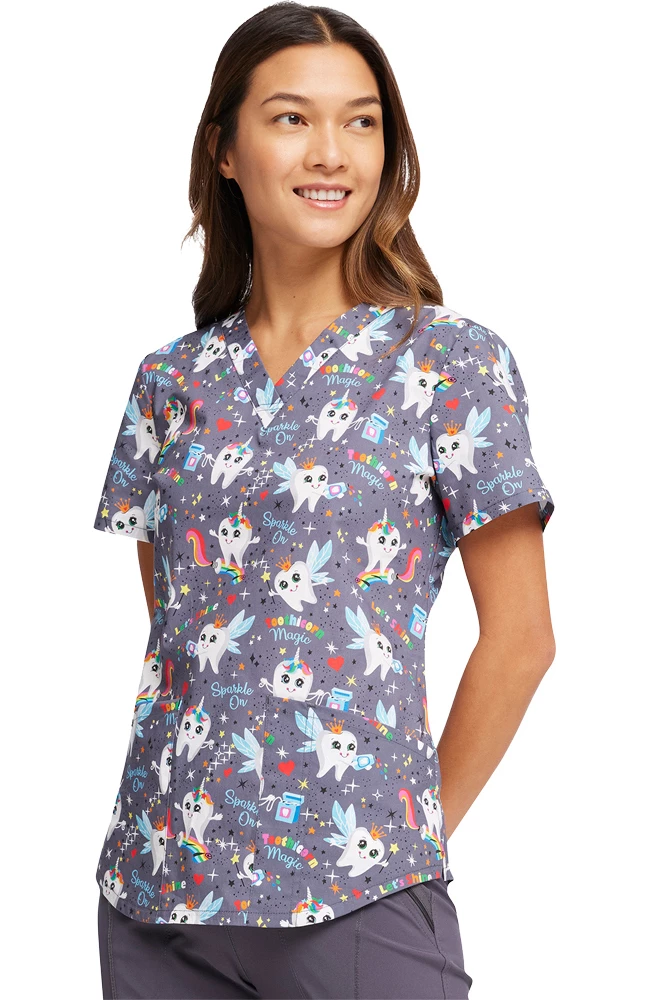 Cherokee Women's Toothicorn Magic Print Scrub Top - Image 4
