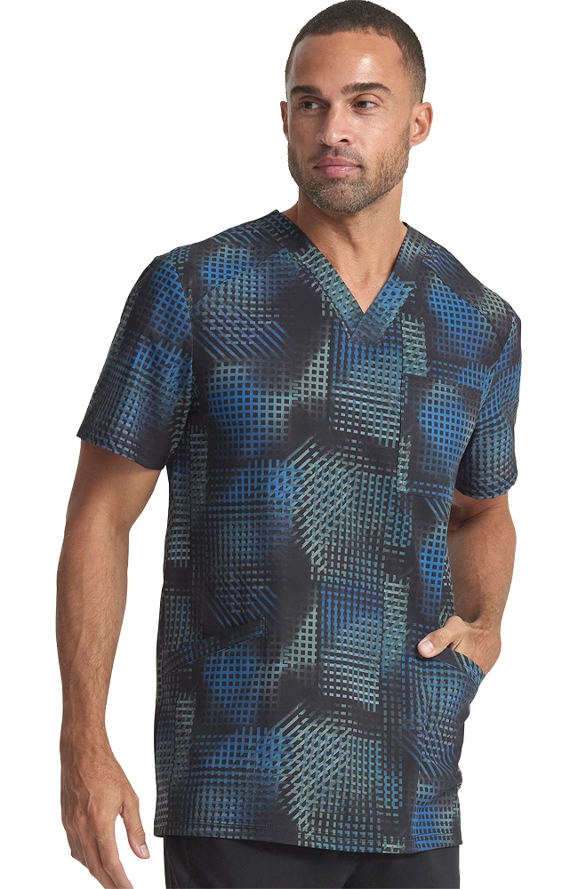 Cherokee Men's V-Neck Gradient Grid Print Scrub Top - Image 4