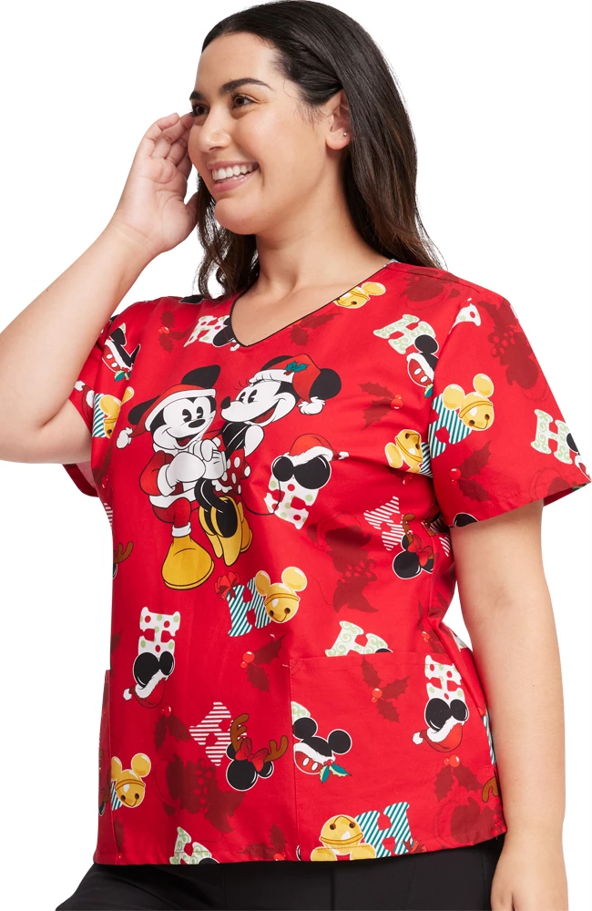 Cherokee Women's Mickey Holiday Cheer Print Scrub Top - Image 4