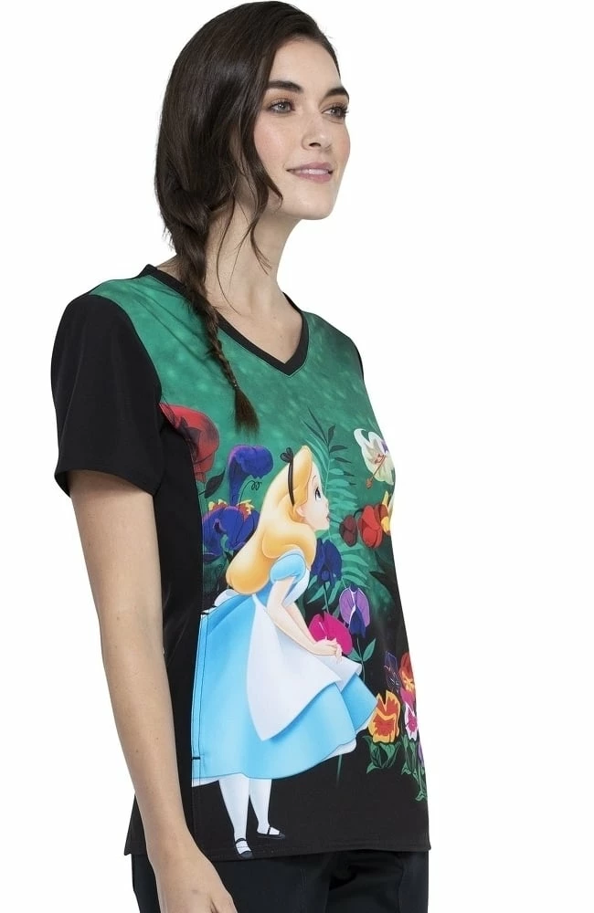 Cherokee Clearance Women's Wonderland Alice Print Scrub Top - Image 4