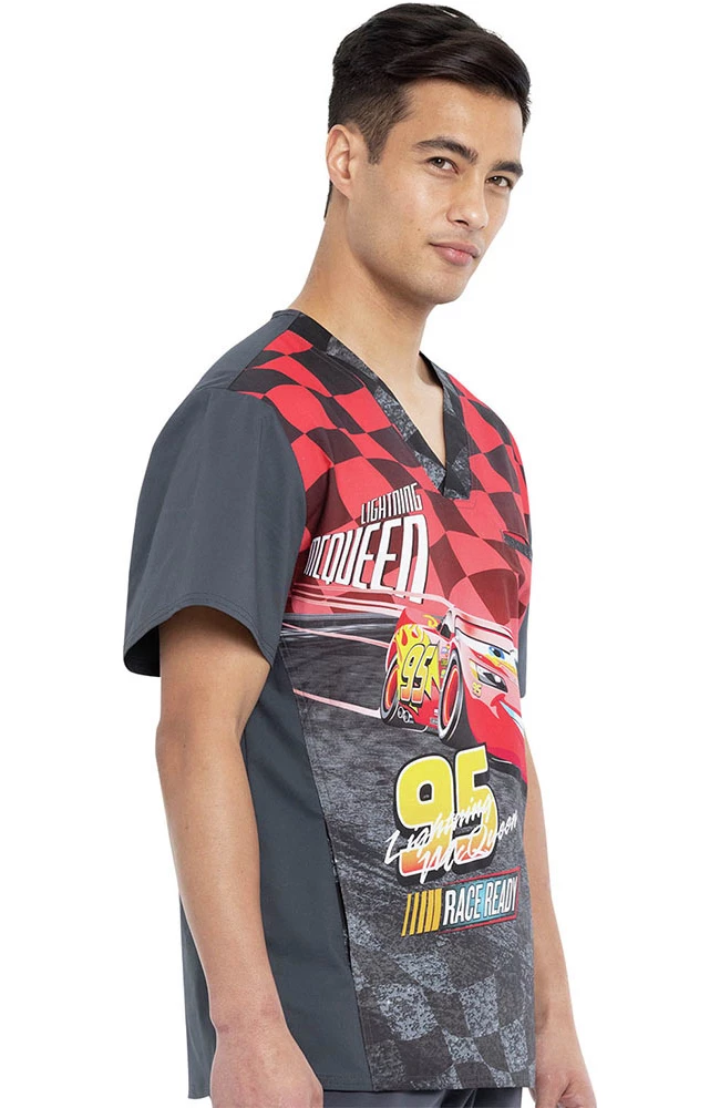 Cherokee Clearance Men's Lightning Mcqueen Print Scrub Top - Image 4