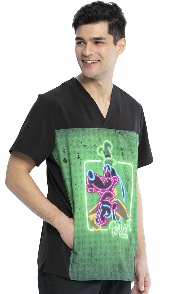 Cherokee Clearance Men's Goofy Neon Print Scrub Top - Image 4