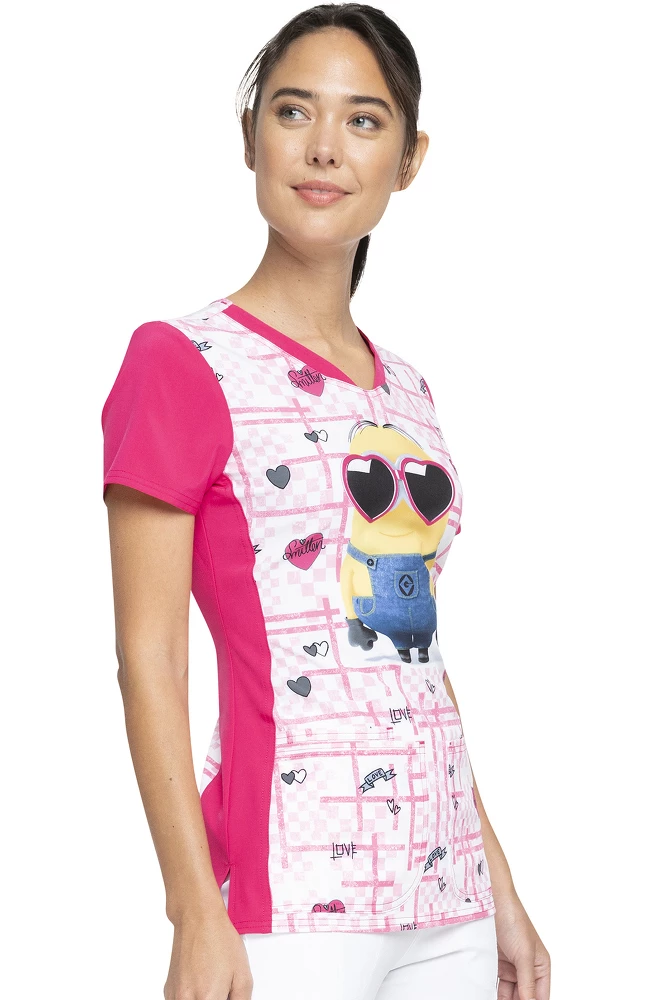 Cherokee Clearance Women's Smitten Minion Print Scrub Top - Image 4