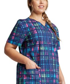 Dickies Women's V-Neck Glowing Plaid Print Scrub Top -Silverts-shop 4 di dk704 print 650