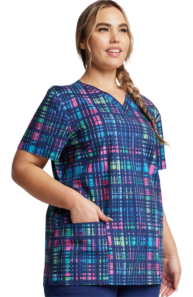 Dickies Women's V-Neck Glowing Plaid Print Scrub Top - Image 4