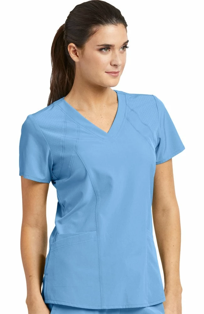 Barco One Women's Racer Solid Scrub Top & Flare Leg Knit Waist Cargo Scrub Pant Set - Image 5