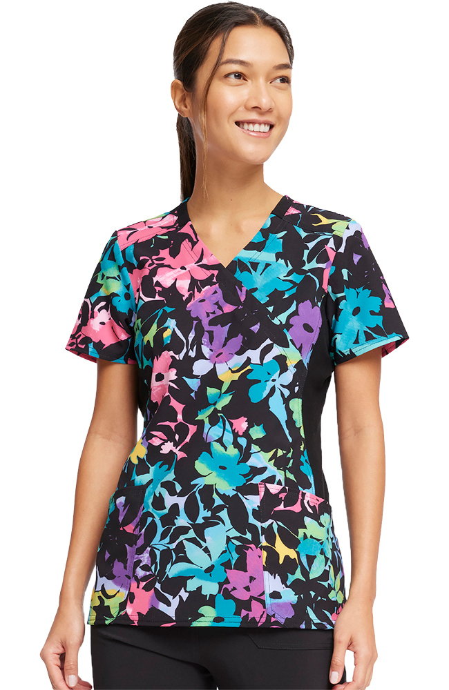 Women's Mock Wrap Rainbow Fleurs Print Scrub Top Cherokee Women's Mock Wrap Rainbow Fleurs Print Scrub Top -Silverts-shop 5 ck ck642 print 650