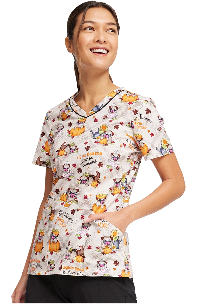 Cherokee Women's Pugkin Spice Season Print Scrub Top - Image 5