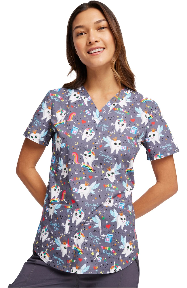 Cherokee Women's Toothicorn Magic Print Scrub Top - Image 5